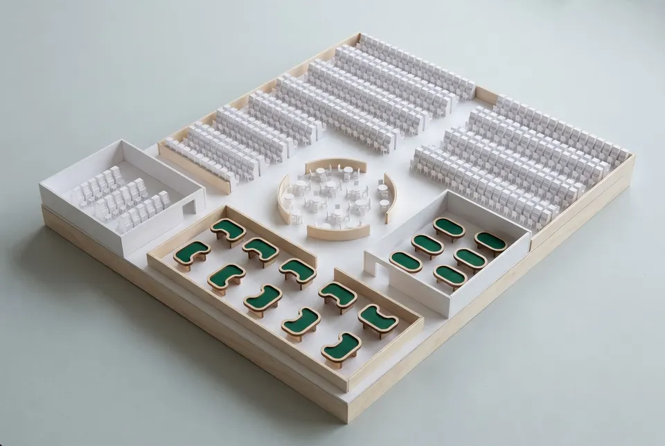 White scale model of a casino floor from above