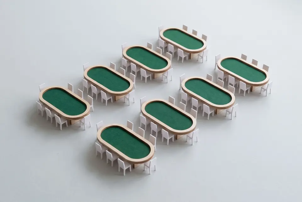 Scale models of eight poker tables