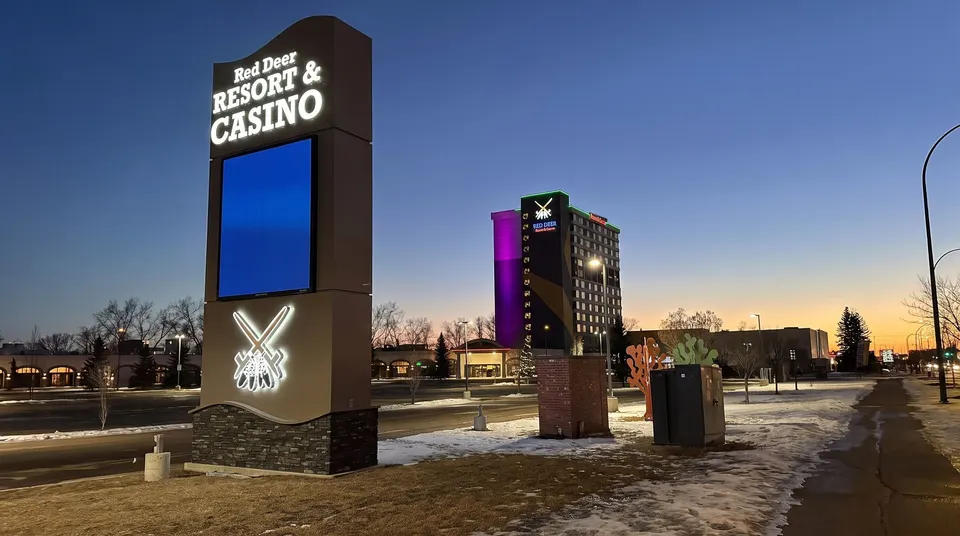 Red Deer Resort & Casino roadside sign at twilight