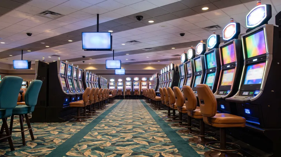 Banks of slot machines on the resort casino floor